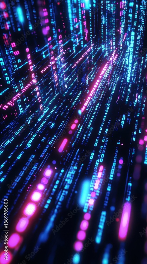 Poster vibrant digital background with cascading binary code and bold colors