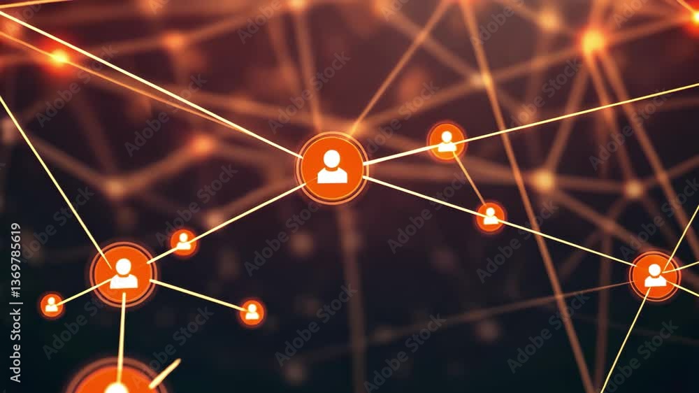 Aufkleber an abstract depiction of glowing orange nodes connected by intricate lines against a dark backdrop, 