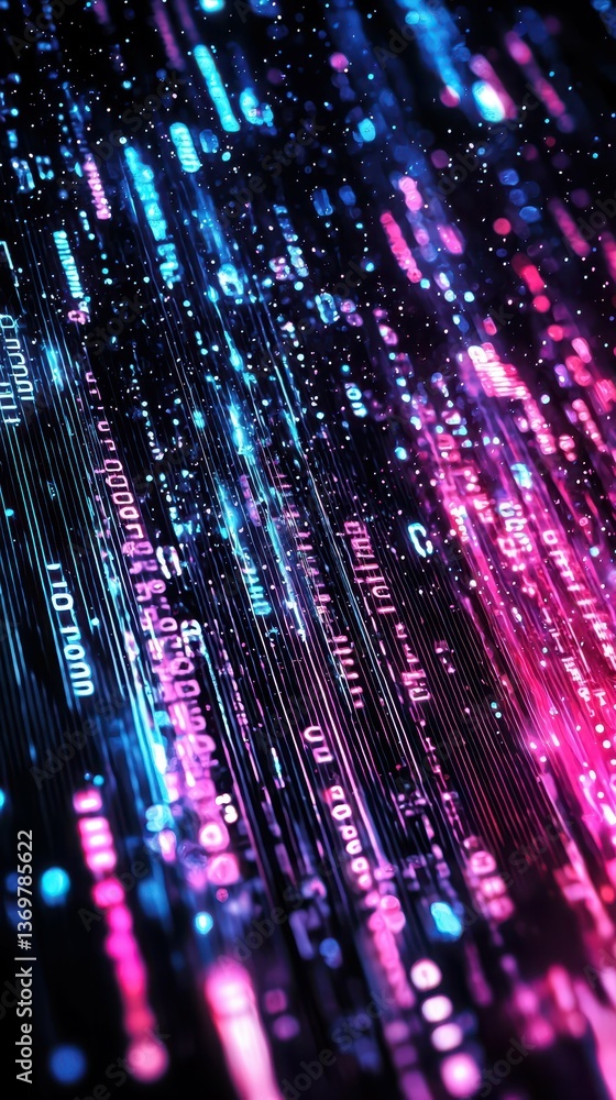 Poster bold digital background with cascading binary code in vibrant colors
