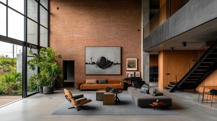 Modern living space with exposed brick wall, high ceilings, and large windows offering natural light and outdoor views