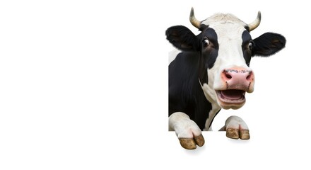 Surprised Cow Peeking Over White Background - A curious black and white cow peeks over a white background with a surprised expression. Perfect for dairy, farm, or animal themed projects