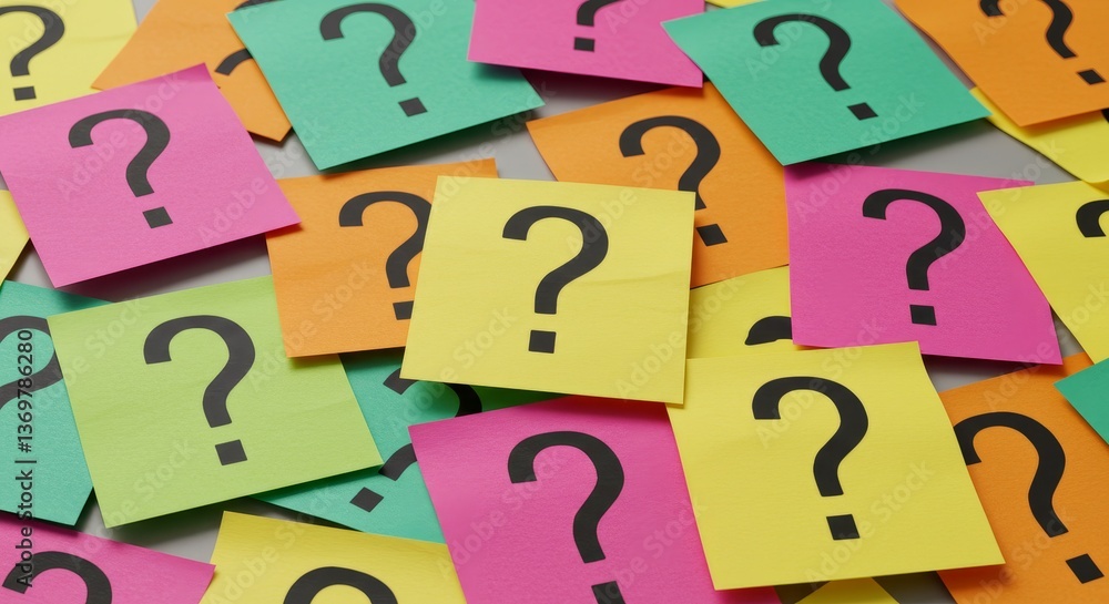 Poster colorful question marks on sticky notes - a collection of colorful sticky notes, each with a black q