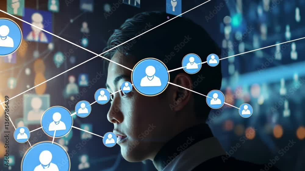 Poster in a dark setting, an individual examines a virtual network filled with countless linked profiles an