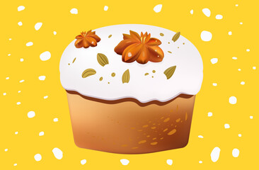 Easter cake with cinnamon and nuts, sweet pastry, festive kulich. Traditional dessert with icing and fondant. Spring event, Easter holiday, decorated confectionery for menu. Vector illustration.