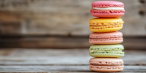 A stack of colorful macarons in a tower shape, colors in pink, yellow, brown, and beige, smooth surface, blurred wooden table background