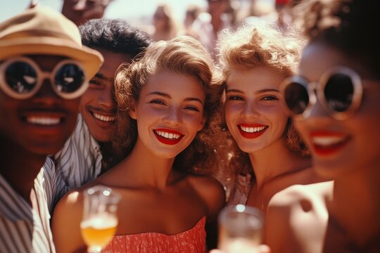 A group of diverse young cheerful friends standing outside together and using a cellphone for selfies and social media. Smiling men and women being social and celebrating on a rooftop weekend