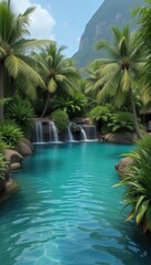 Tropical paradise with clear water and cascading waterfalls  