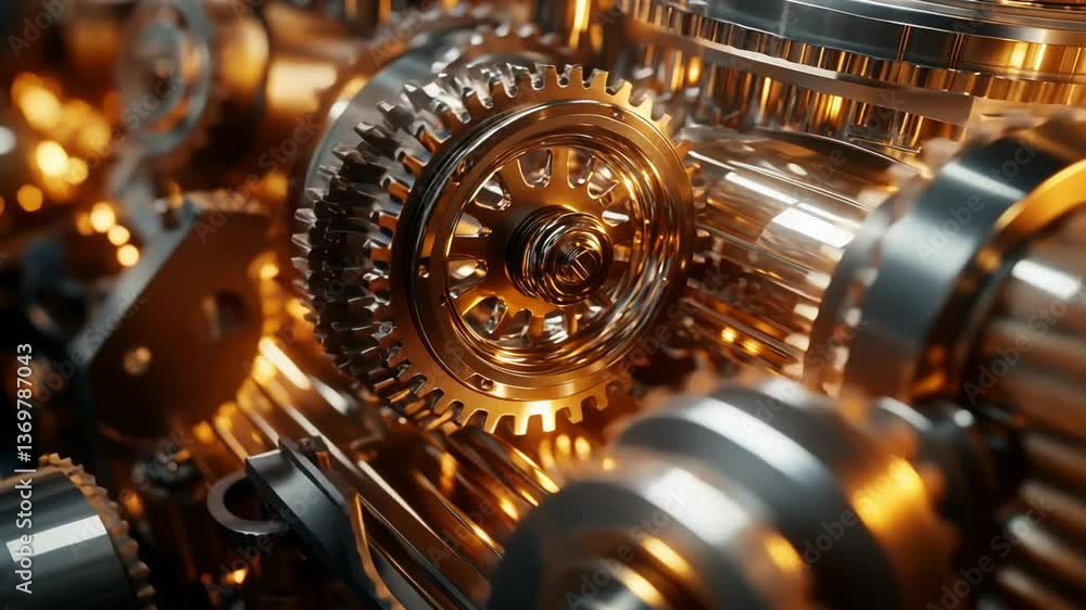 Poster close up of interlocking golden gears rotating in dark background