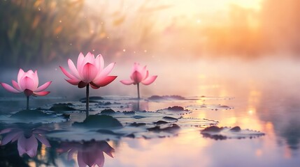Tranquil water lilies floating on misty water at sunrise, a peaceful garden pond