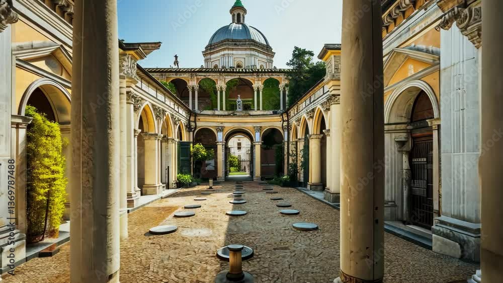 Poster sunlight filters through tall columns in a charming courtyard filled with greenery and historical ar