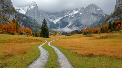 Naklejka premium Serene Autumnal Path Winding Through Majestic Alpine Valley