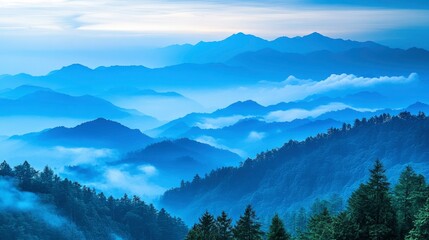 Serene Blue Mountainscape Layers of Misty Peaks at Dawn