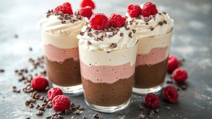 Delicious Three-Layer Raspberry Chocolate Dessert Parfaits with Whipped Cream