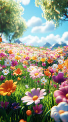 A vibrant field of colorful flowers under a clear blue sky