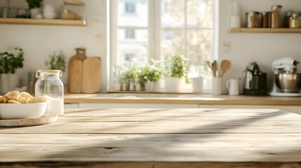 Sunny Kitchen Tabletop with Baking Ingredients Flour and Cookies Ready for Recipe Mockup