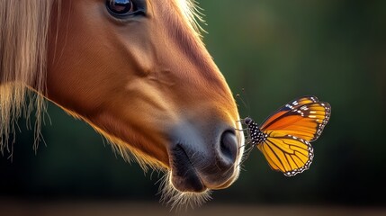 Horse is blowing a butterfly out of its nose. Concept of innocence and wonder, as the horse is a gentle and curious creature, while the butterfly is a delicate and beautiful insect