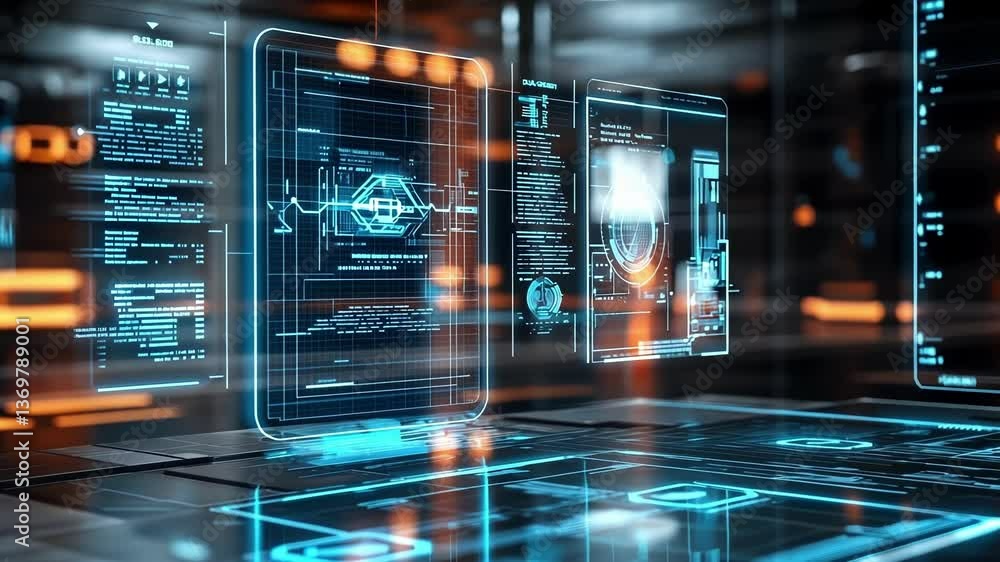 Poster futuristic server room with holographic projections displaying data analysis, cyber security informa