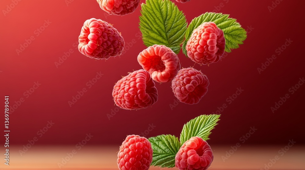 Poster bunch of red raspberries are falling from the sky. the image has a playful and whimsical mood, as if