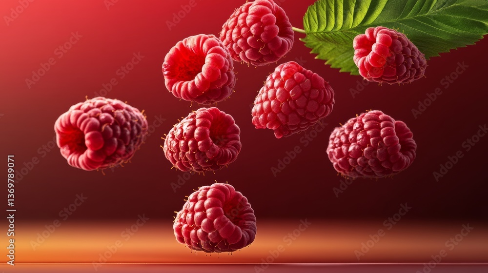 Poster close up of a bunch of red raspberries with a leaf on top. the raspberries are floating in the air, 