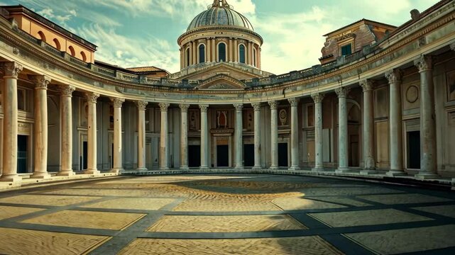 A grand circular courtyard features tall columns encircling a domed structure, bathed in warm light as the sun sets, creating an enchanting atmosphere.