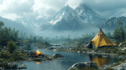 Camping near a river with a mountainous backdrop