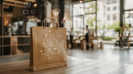Online Shopping Technology Brown Paper Bag with Digital Retail Icons on Wooden Table