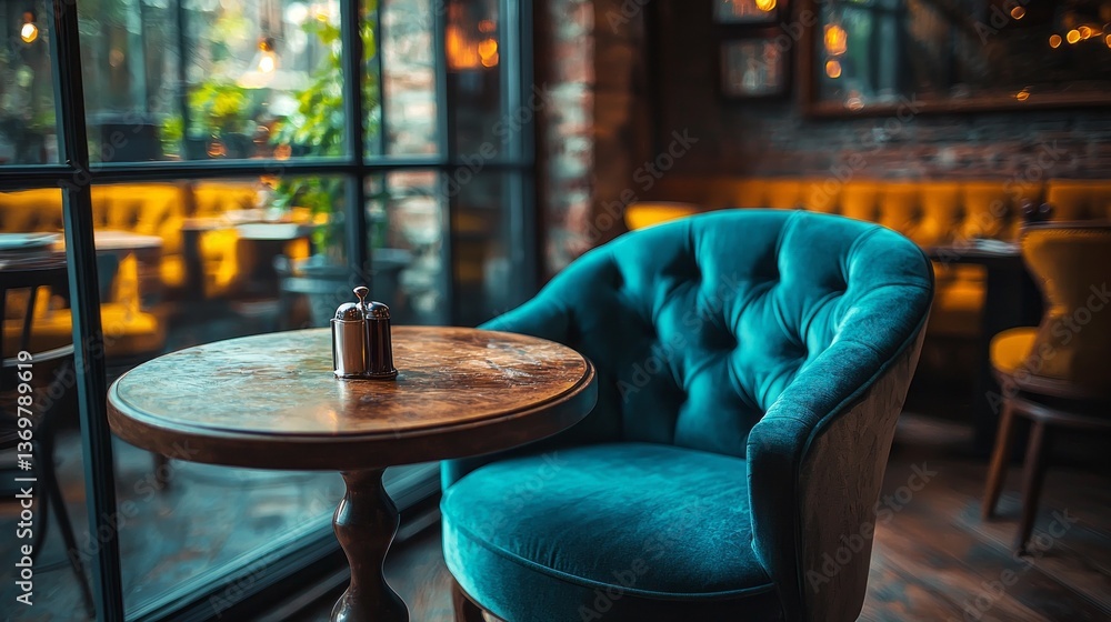 Poster a chic cafe featuring plush teal seating and rustic wooden tables. large windows create a serene atm
