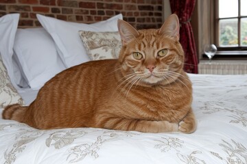 Relaxed Ginger Cat on Cozy Bed with Elegant Bedding and Brick Wall