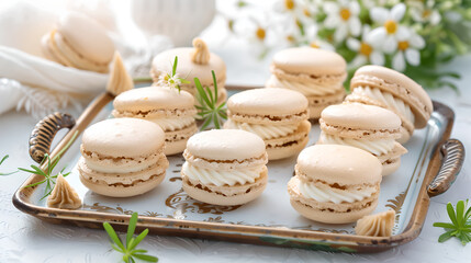 Classic vanilla macarons with creamy filling arranged beautifully on tray