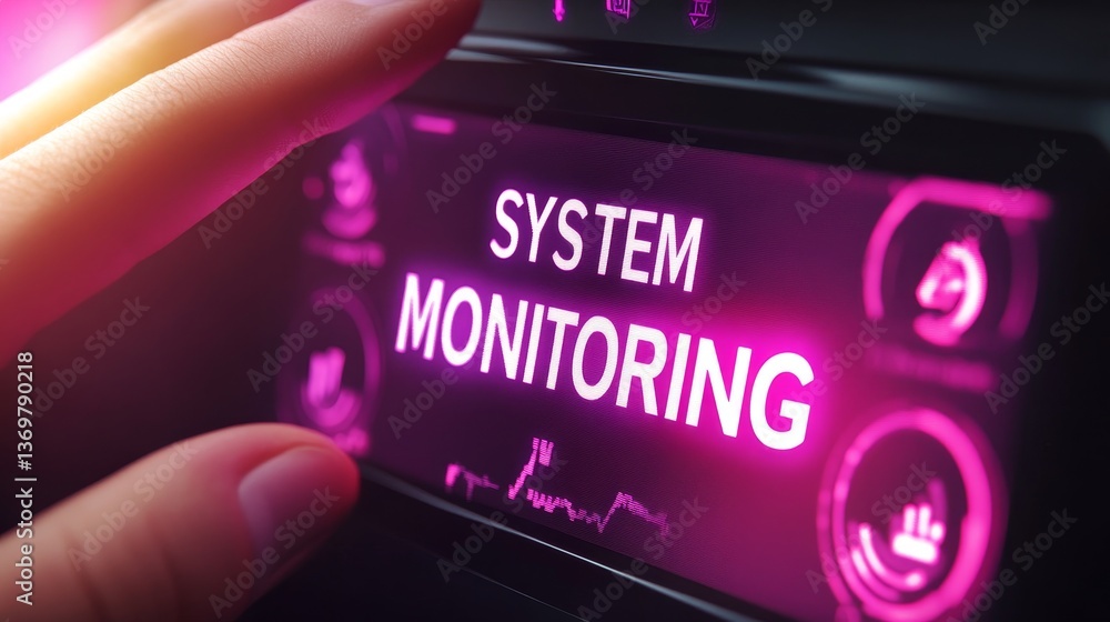 Aufkleber system monitoring dashboard, close up of hand selecting option on futuristic control panel