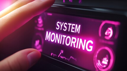 System Monitoring Dashboard, Close Up Of Hand Selecting Option On Futuristic Control Panel