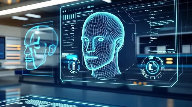 An advanced biometric security station featuring holographic displays that highlight user authentication processes with vibrant graphics demonstrating facial recognition and fingerprint