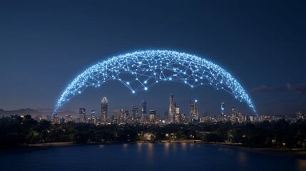 Glowing Blue Digital Dome over Night Cityscape