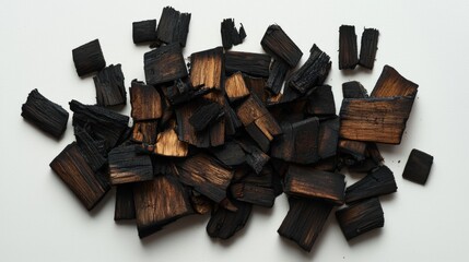 Charcoal pieces display unique textures and colors, showing the striking contrast between blackened surfaces and golden accents