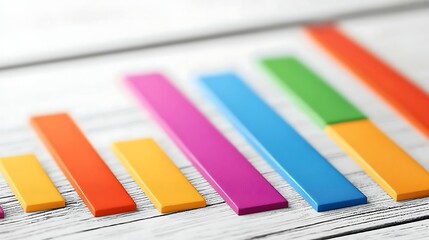 Colorful wooden bars arranged in ascending order on a white wooden surface, creating a visually striking bar graph.