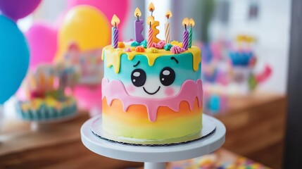 Colorful Smiling Cake with Candles for Children's Birthday Party