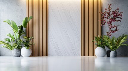 Contemporary interior design featuring plants and textured wall panels