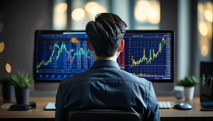 パソコンに向かって株の売買をする日本人男性の後ろ姿　Generative AI