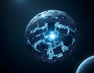 A fragment of a Dyson sphere orbits a distant star, covered in intricate solar panels harvesting infinite energy. A visionary sci-fi depiction of advanced cosmic engineering.