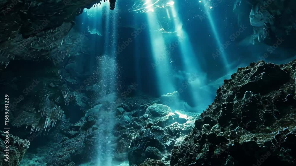 Poster sunlight filters through a narrow opening in an underwater cave, casting radiant beams on the rocky 