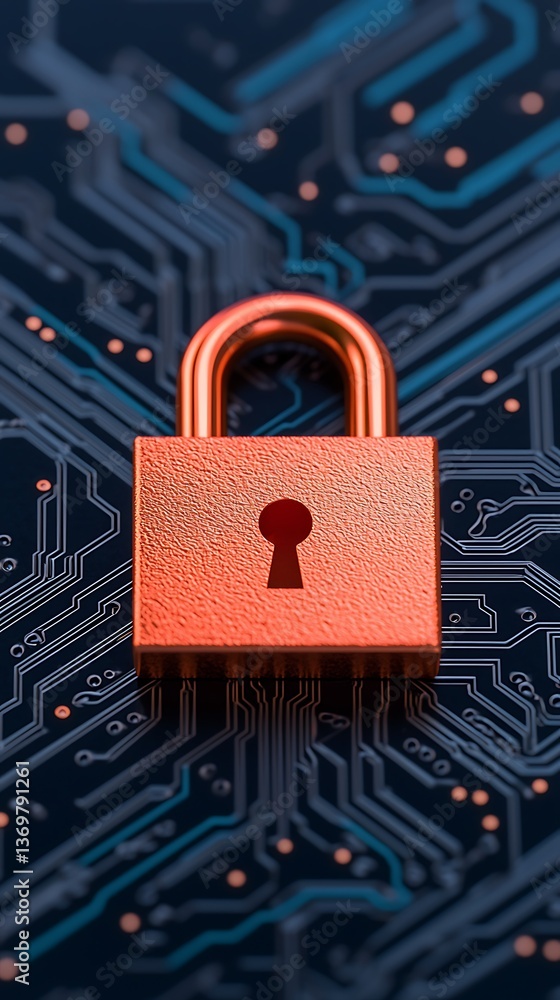 Poster a digital lock rests on a circuit board, symbolizing cybersecurity and data protection in a modern t
