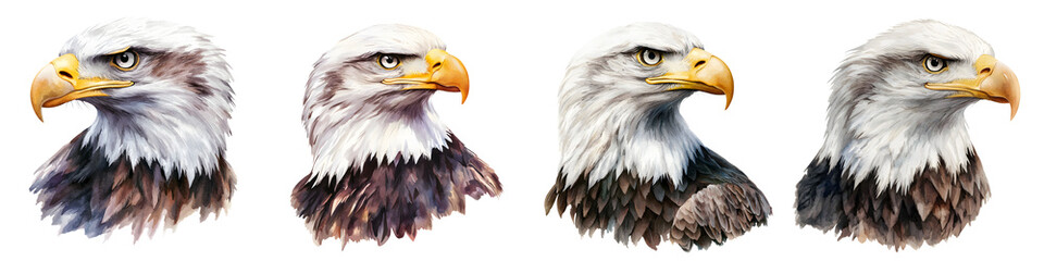 Fototapeta premium Detailed close up portraits of four bald eagles the national symbol of the United States highlighting their powerful beaks piercing eyes and striking feather patterns