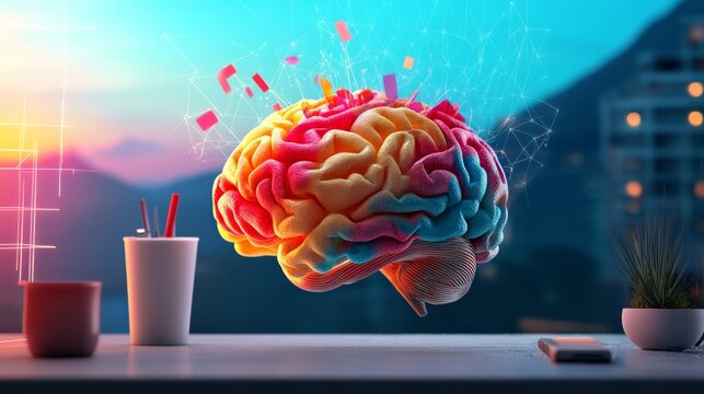 Colorful brain is floating above a desk with a cup and a cell phone. The brain is made of candy and has a playful, whimsical appearance. The scene suggests a lighthearted, creative atmosphere