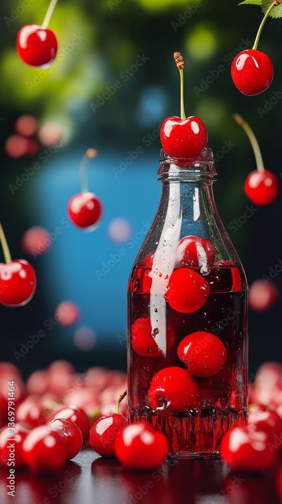 Poster bottle of cherry juice with a bunch of cherries on top of it. the cherries are falling into the bott