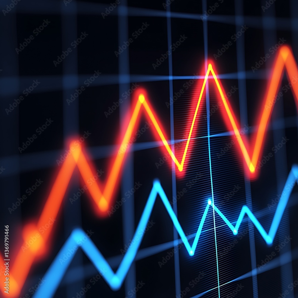 Poster a digital representation of fluctuating data trends with intersecting lines in blue and red, set aga