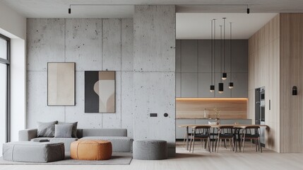 Modern open-plan living space with concrete wall, light wood accents, and minimalist furniture