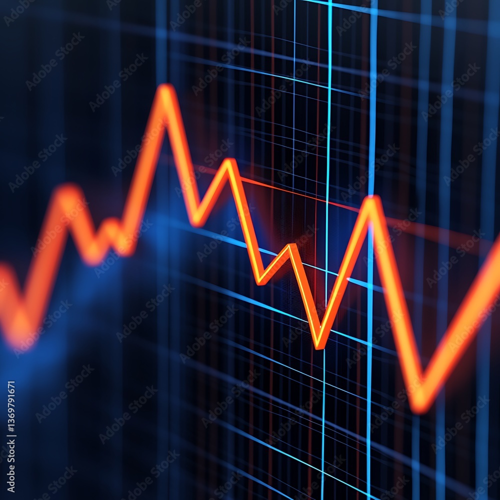 Poster a vibrant graph depicting fluctuating trends, showcasing data points with an orange line against a d