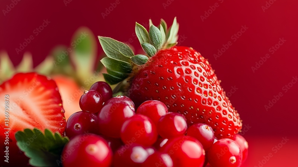 Poster close up of a red strawberry with a green leaf on top. the strawberry is surrounded by other red ber