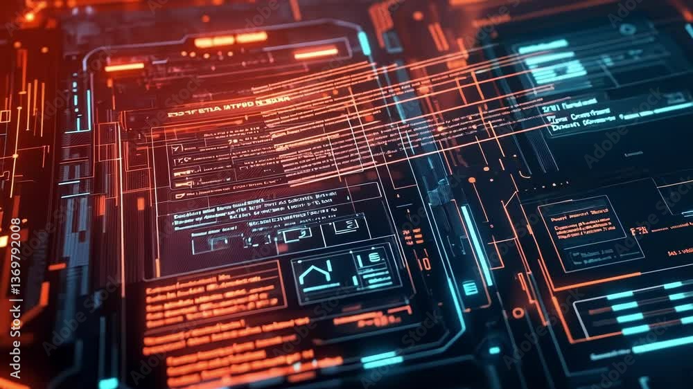 Poster complex digital interface displaying data analysis and security protocols, highlighting the concept 