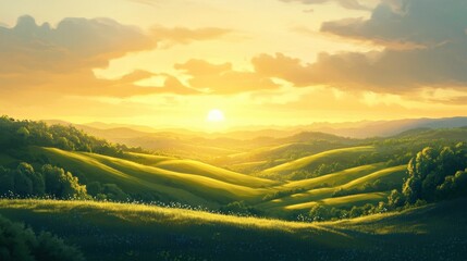 Serene Sunrise Over Rolling Hills and Lush Green Landscape